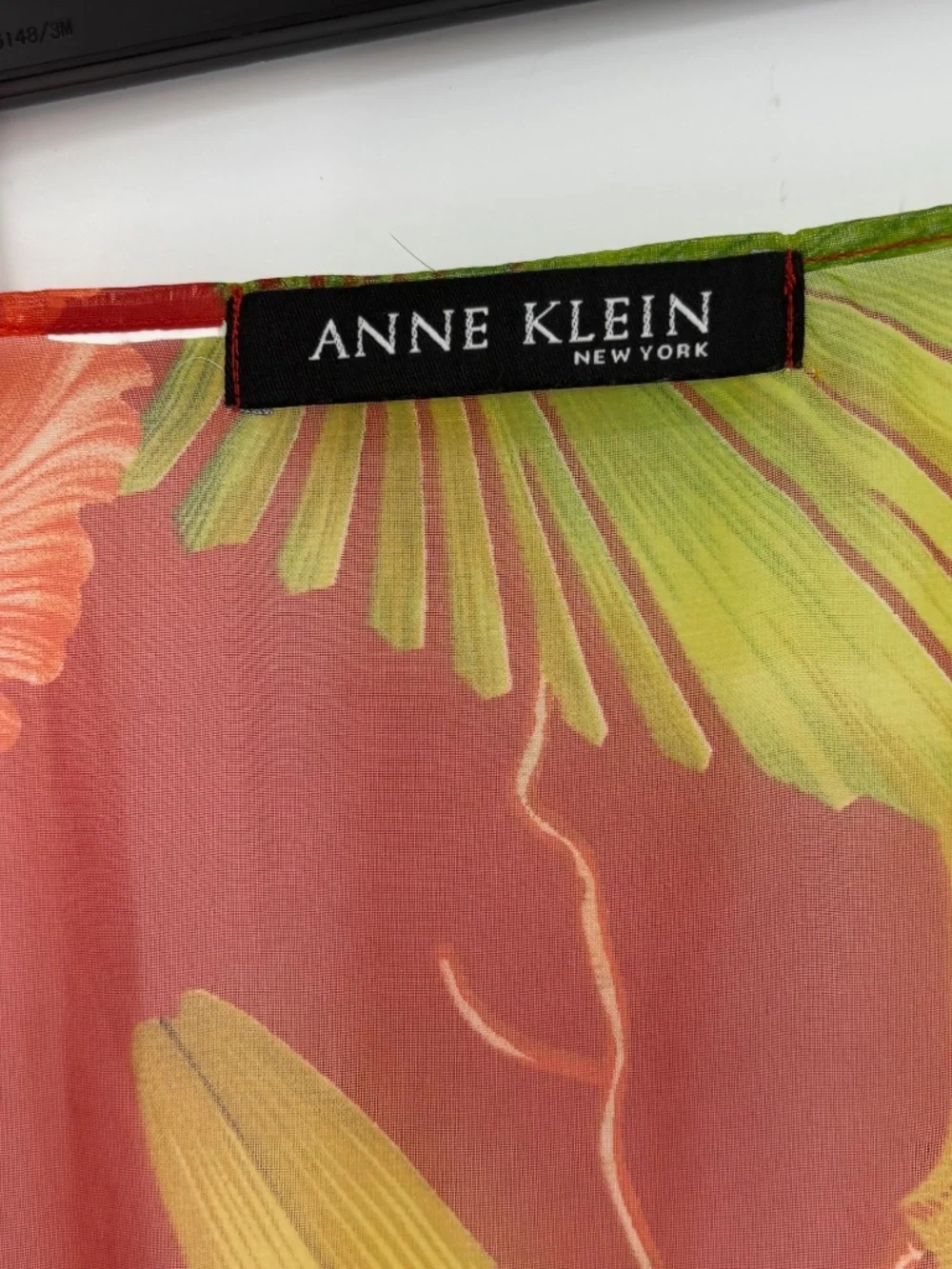 Vintage Anne Klein Large Rectangular Scarf Red Yellow Green Tropical Print Sheer